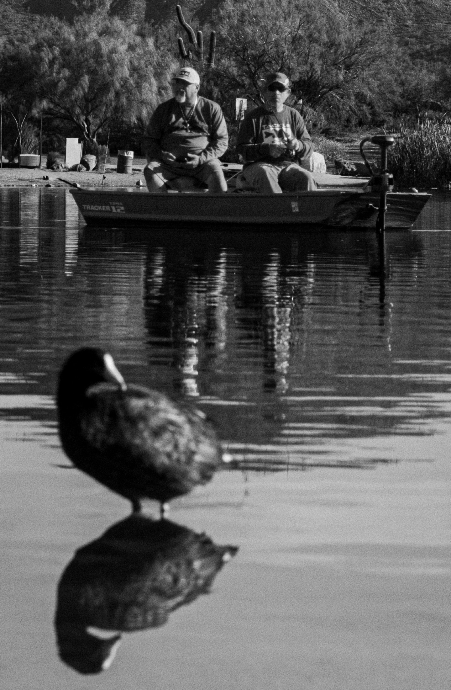 A duck in the foreground and two people fishing from a small boat