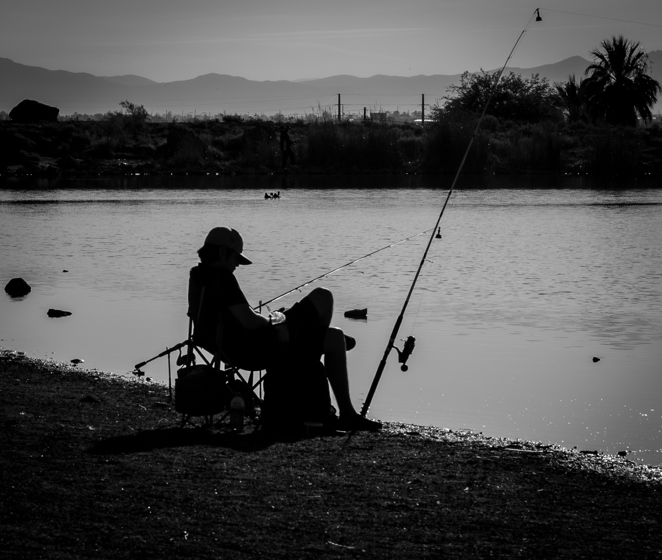 A person fishing beside an urban Tucson lake with mountains in the distance